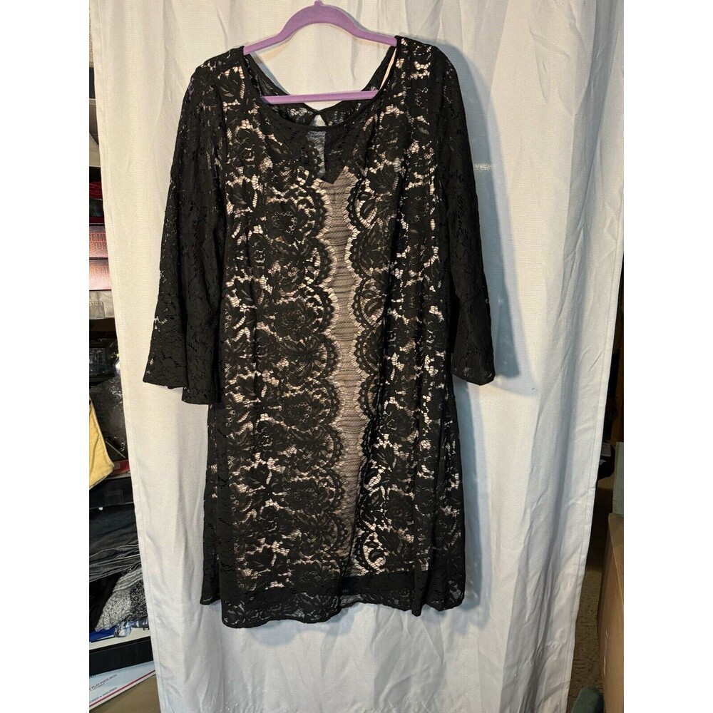 Lane Bryant Black Lace Dress Fit & Flare Surplice Lined 20 Bell Sleeve FairyGoth